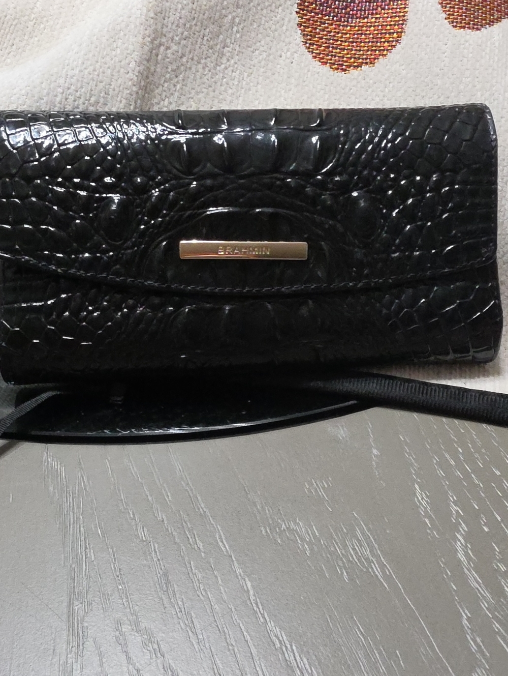 Brahmin Black Croc-Embossed Leather Wristlet Clutch with Gold Plaque